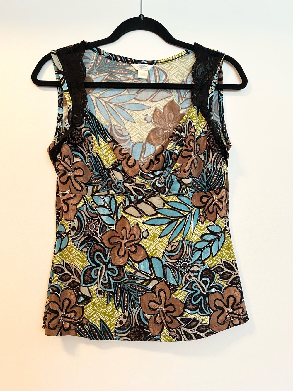 Christopher & Banks Y2K Sleeveless Floral Blouse w/ Black Lace Trim